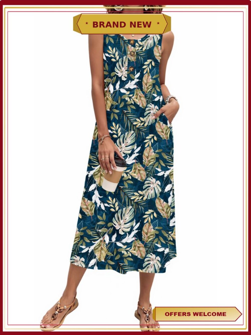 Women's Long Tank Dress Sleeveless Button Down Casual Loose Beach Sundress